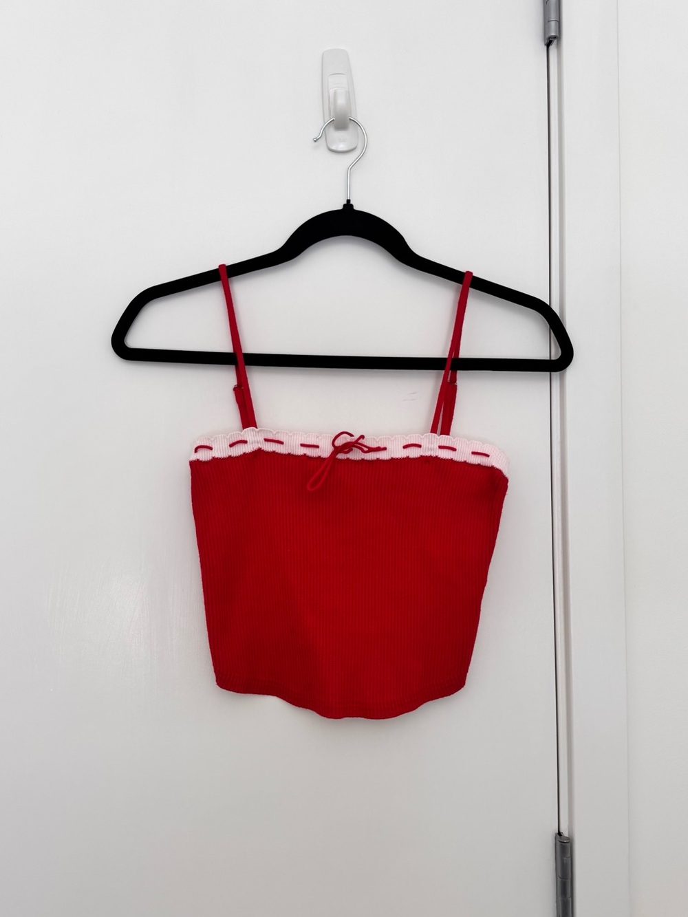 Red Ribbed Crop Tank with White Eyelet Trim